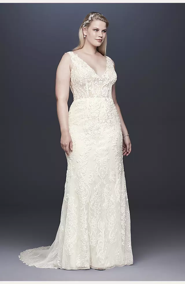Illusion Lace Plunge Bodice Petite Wedding Dress Image