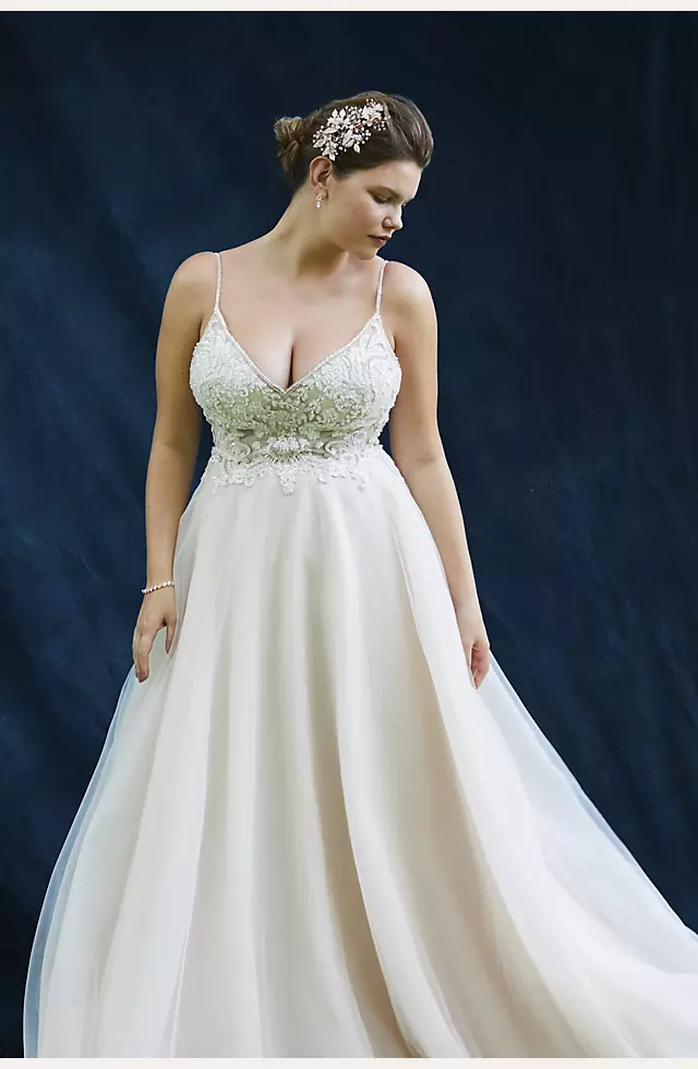 Sheer Beaded Bodice Organza A-Line Wedding Dress Image 5