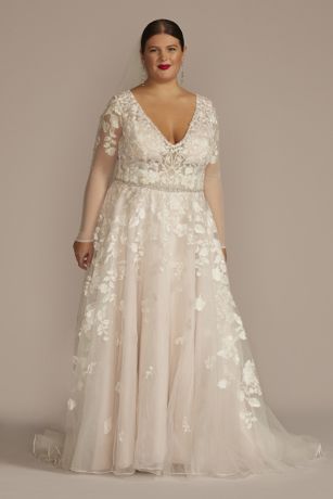 Illusion Sleeve Plunging Ball Gown Wedding Dress