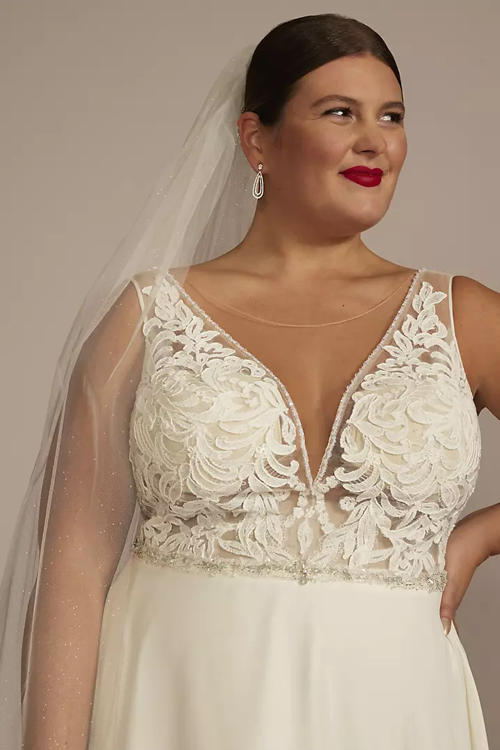 Lace Applique Illusion Chiffon Skirt Wedding Dress | David's Lace Applique Illusion Chiffon Skirt Wedding Dress | David's