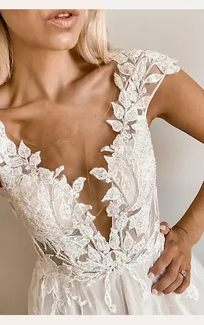 Illusion Plunge Lace Appliqued Wedding Dress Image 5