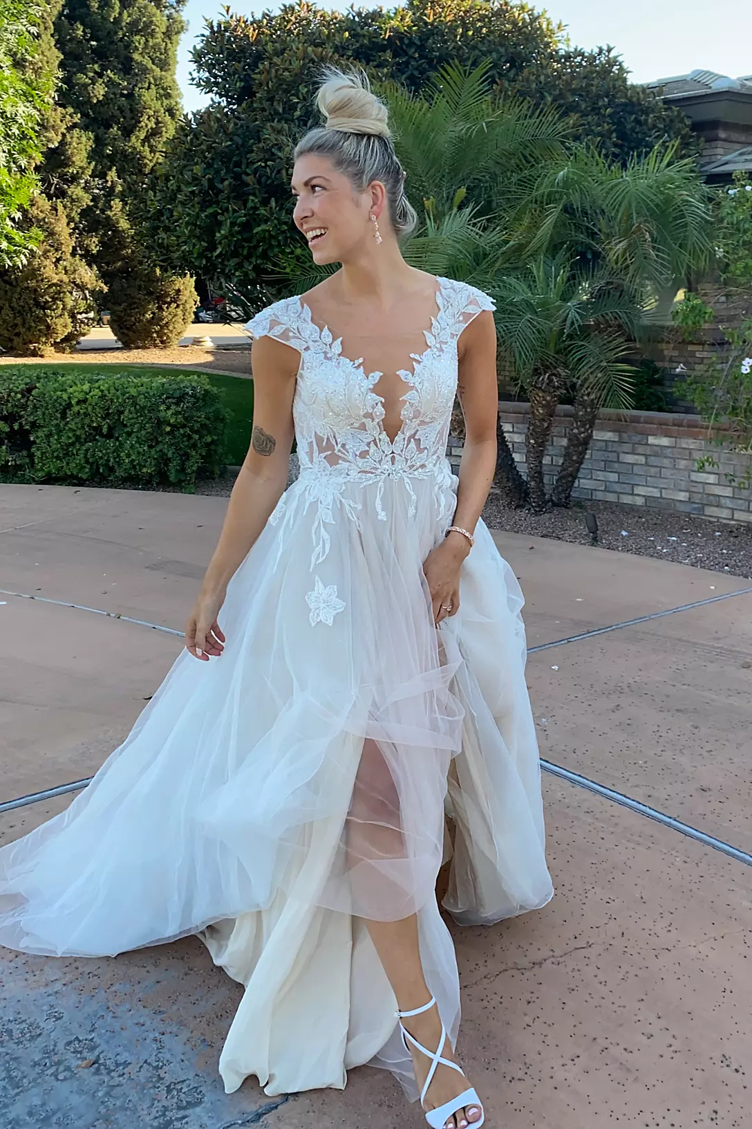 Illusion Plunge Lace Appliqued Wedding Dress Image 8
