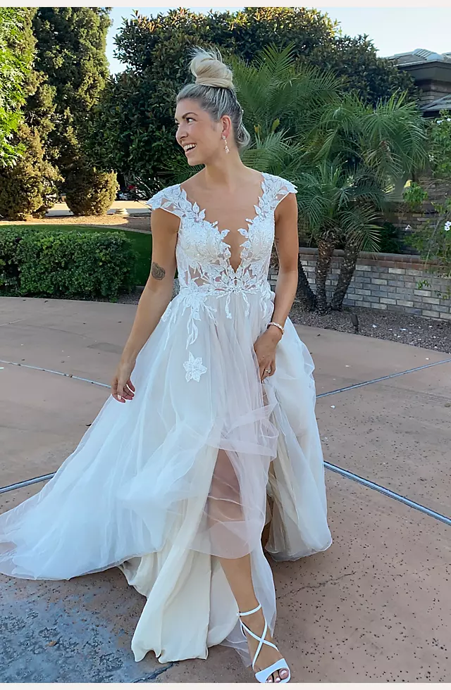 Davinci Bridal 50806 A Line Lace Cape Wedding Dress Sheer Crystal Plunging  neckline
