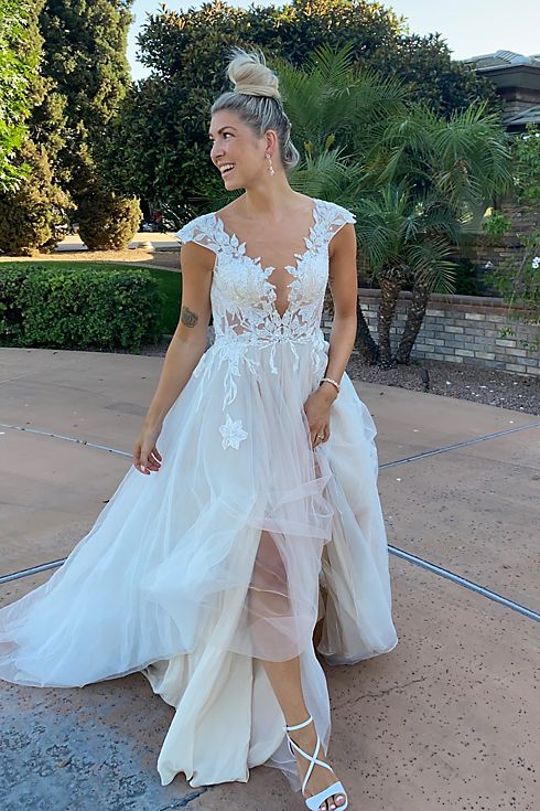 Illusion Plunge Lace Appliqued Wedding Dress Image 13