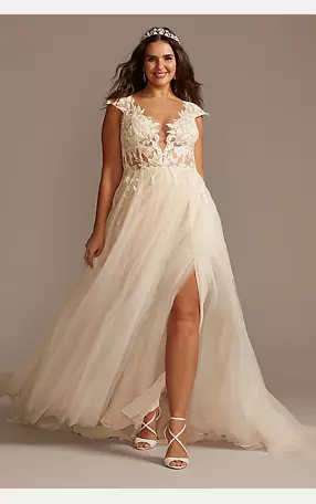Illusion Plunge Lace Appliqued Wedding Dress Image 1