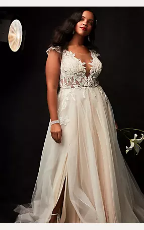 Illusion Plunge Lace Appliqued Wedding Dress Image 10
