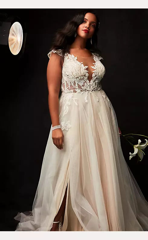 Galina signature - ILLUSION CAP SLEEVE LACE APPLIQUED WEDDING DRESS -  Borrowing Magnolia