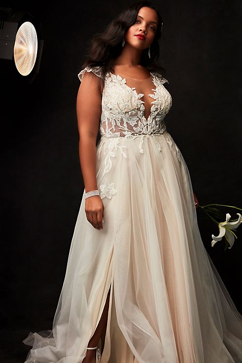 Illusion Plunge Lace Appliqued Wedding Dress Image 13