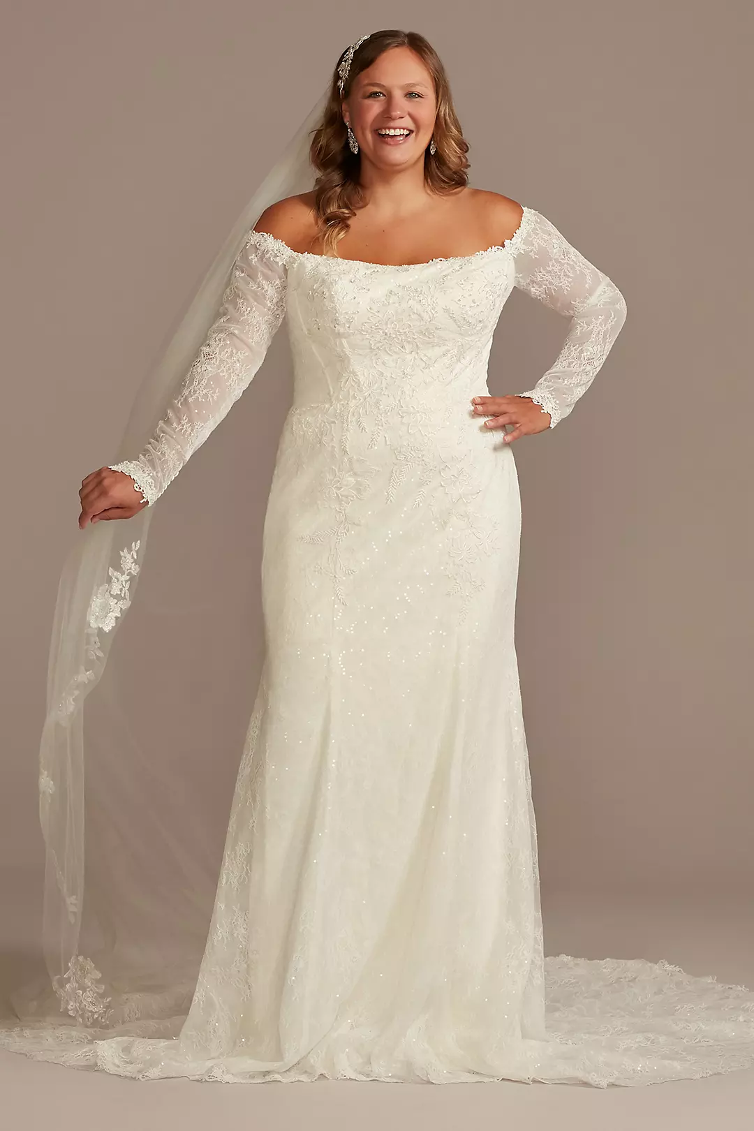 Long Sleeve Off Shoulder Sequin Lace Wedding Dress Image