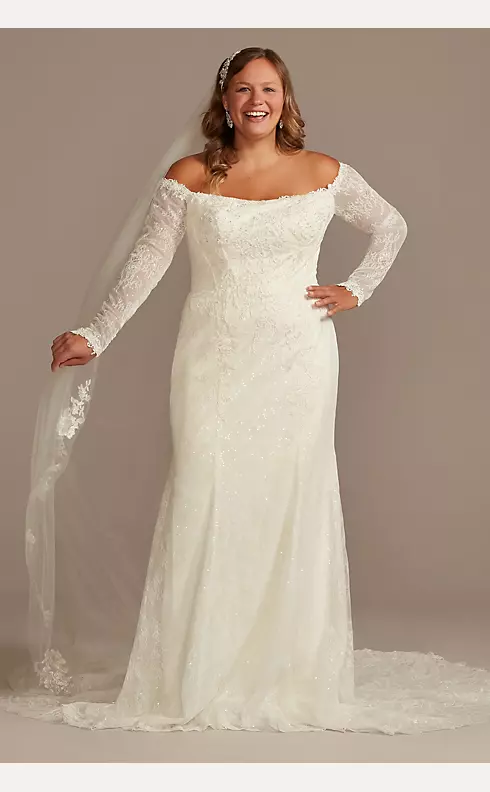 Long Sleeve Off Shoulder Sequin Lace Wedding Dress Image 1