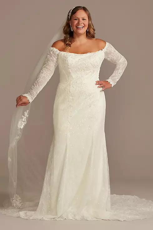 Long Sleeve Off Shoulder Sequin Lace Wedding Dress Image 1