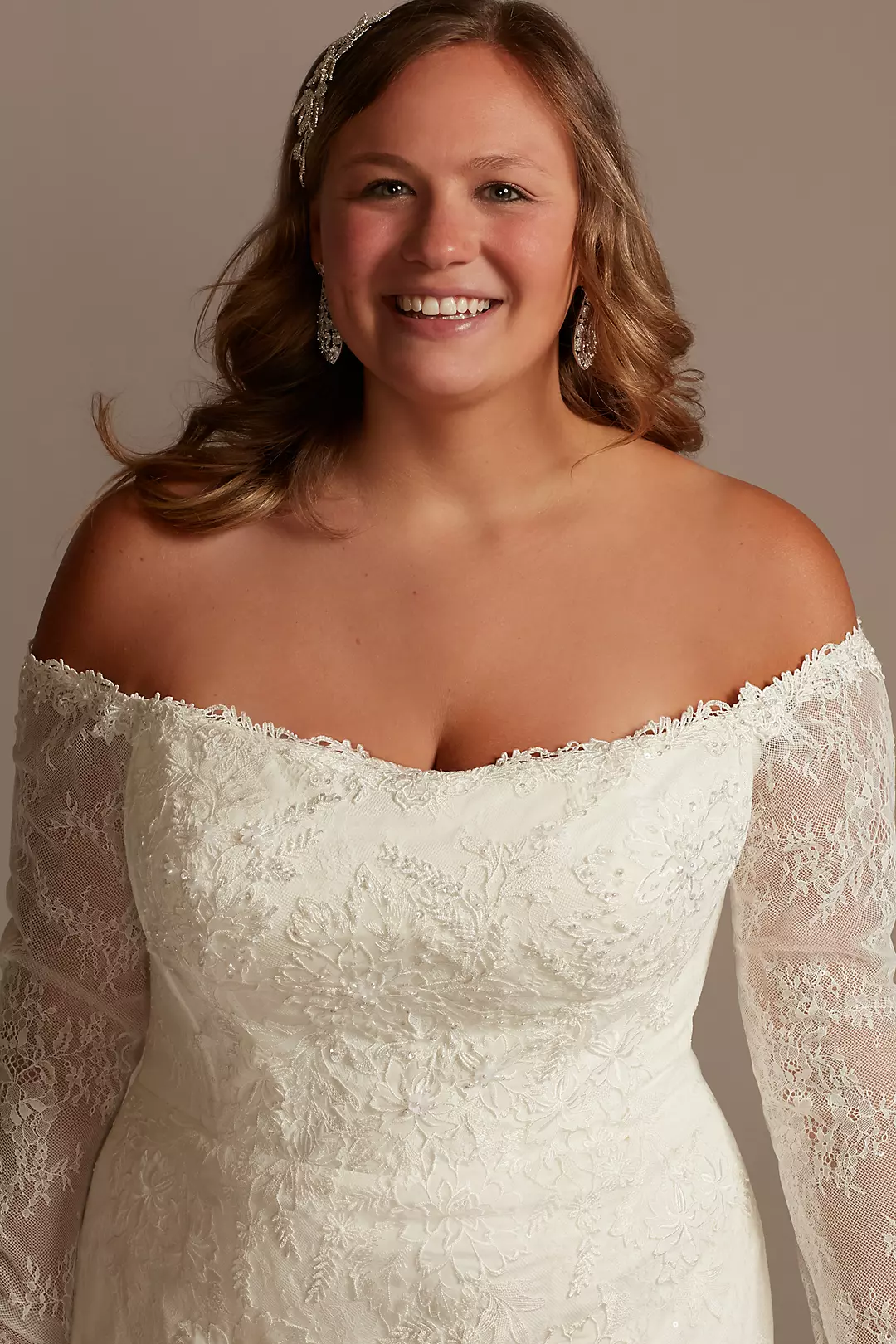 Long Sleeve Off Shoulder Sequin Lace Wedding Dress Image 3