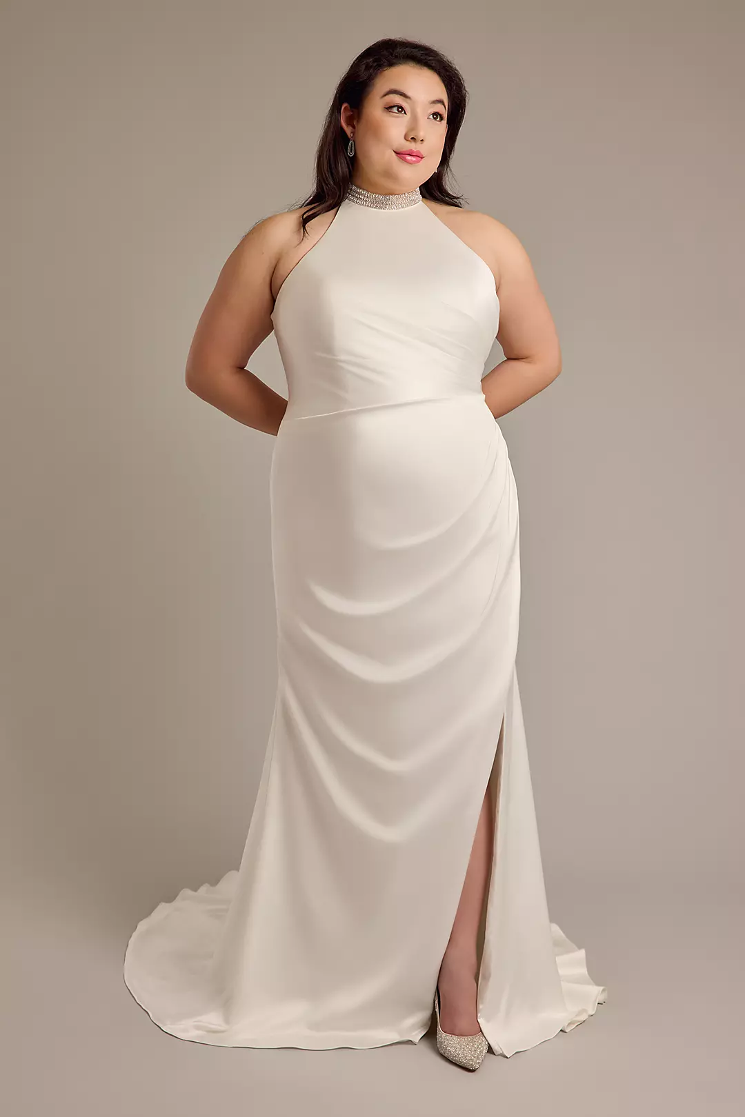 Crystal Halter Charmeuse Sheath Wedding Dress Image