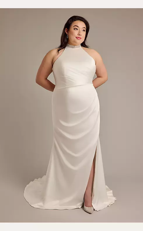 Crystal Halter Charmeuse Sheath Wedding Dress Image 1