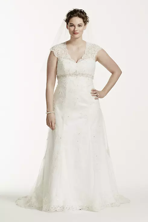 Cap Sleeve Lace Over Satin Gown with Illusion  Image 1