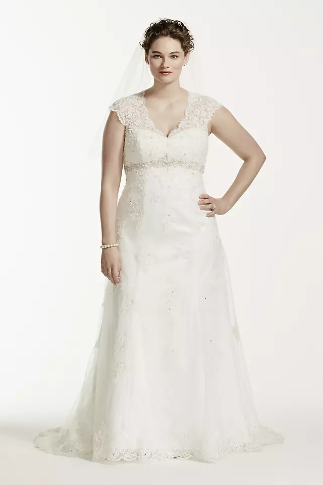 Cap Sleeve Lace Over Satin Gown with Illusion  Image