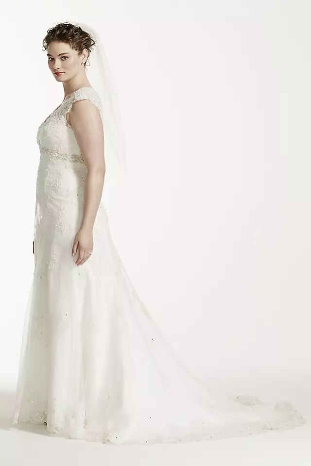 Cap Sleeve Lace Over Satin Gown with Illusion  Image 3