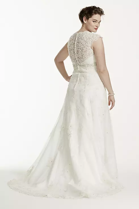 Cap Sleeve Lace Over Satin Gown with Illusion  Image 2
