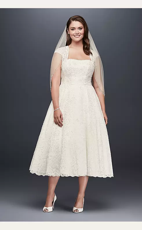 Tea-Length Plus Size Wedding Dress with Shrug Image 1