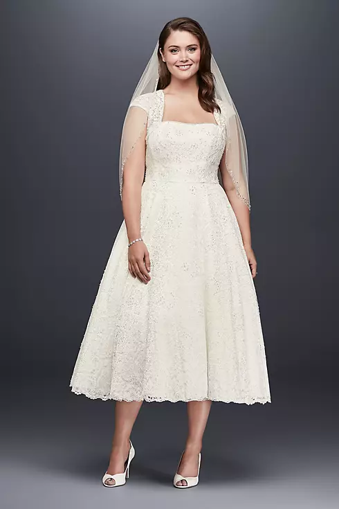 Tea-Length Plus Size Wedding Dress with Shrug Image 1