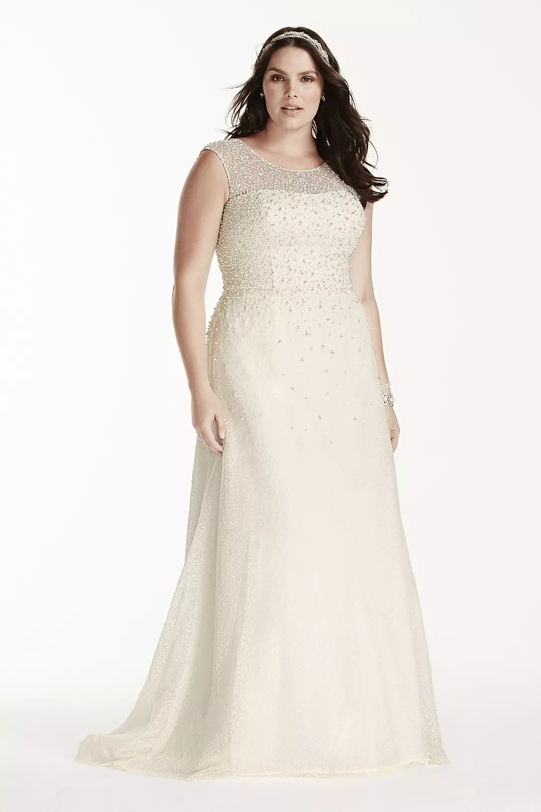 Jewel Cap Sleeve Wedding Dress with Pearl Details Image