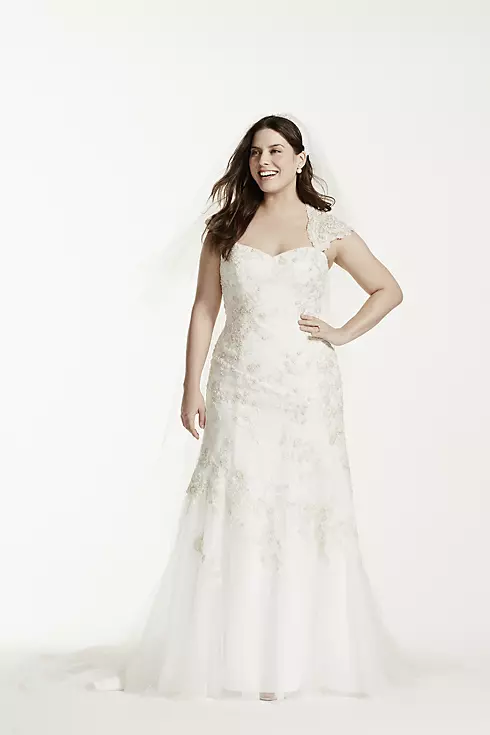 Tulle Over Satin Cap Sleeve Trumpet Wedding Dress Image 1
