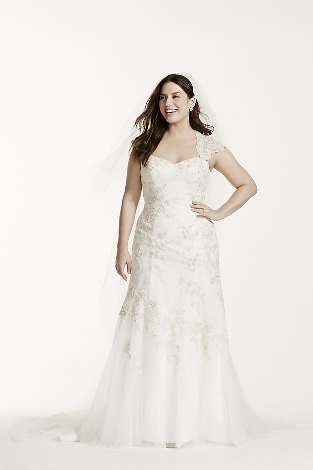 Tulle Over Satin Cap Sleeve Trumpet Wedding Dress Image 5