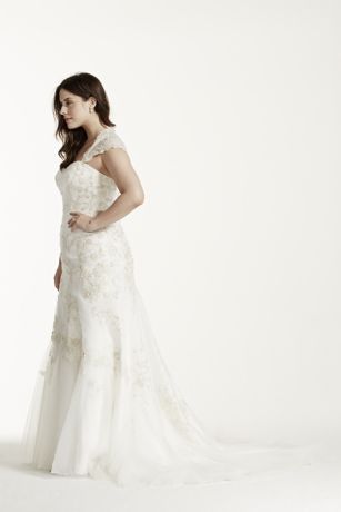 Tulle Over Satin Cap Sleeve Trumpet Wedding Dress David's Bridal