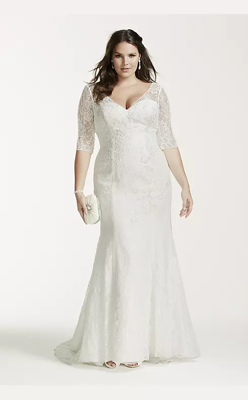 3/4 Sleeve All Over Lace Trumpet Wedding Dress Image 1
