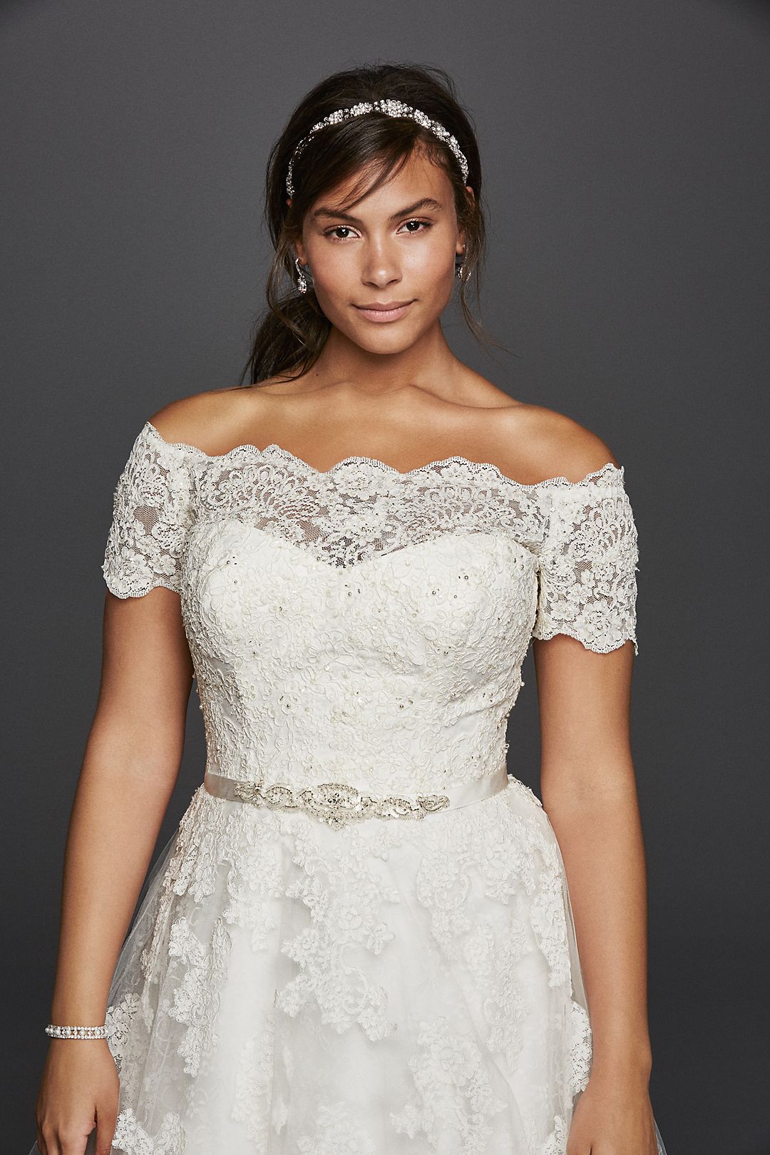 Jewel Short Sleeve Off The Shoulder Wedding Dress Image 3