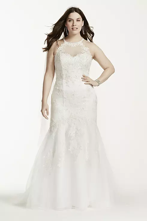 Jewel Illusion Halter Lace Plus Size Wedding Dress Image 1