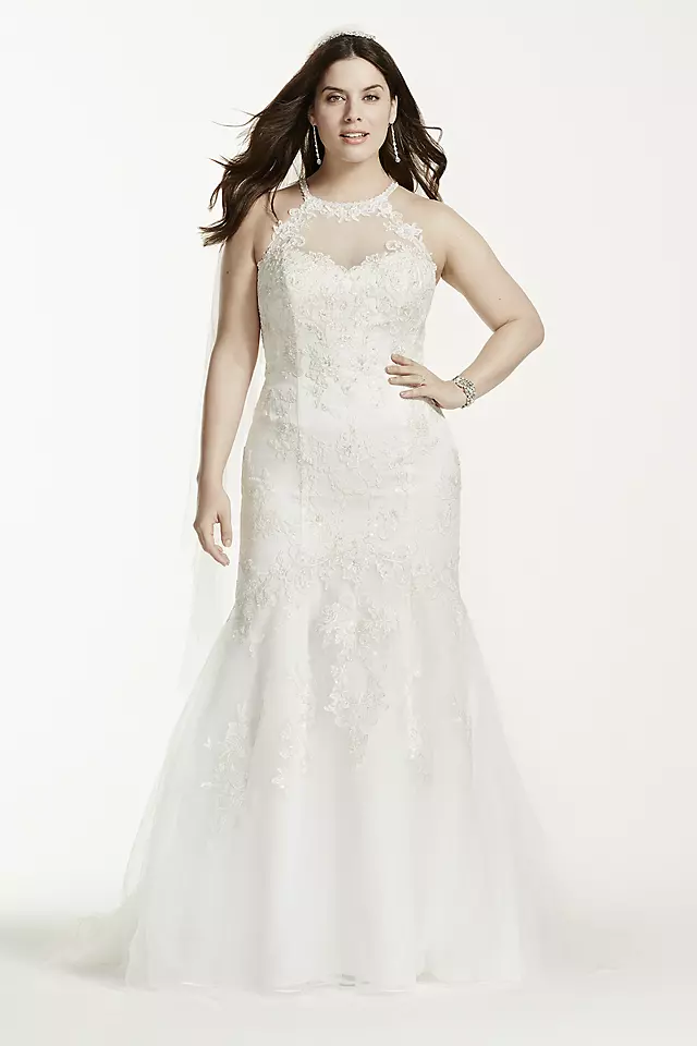 Jewel Illusion Halter Lace Plus Size Wedding Dress Image