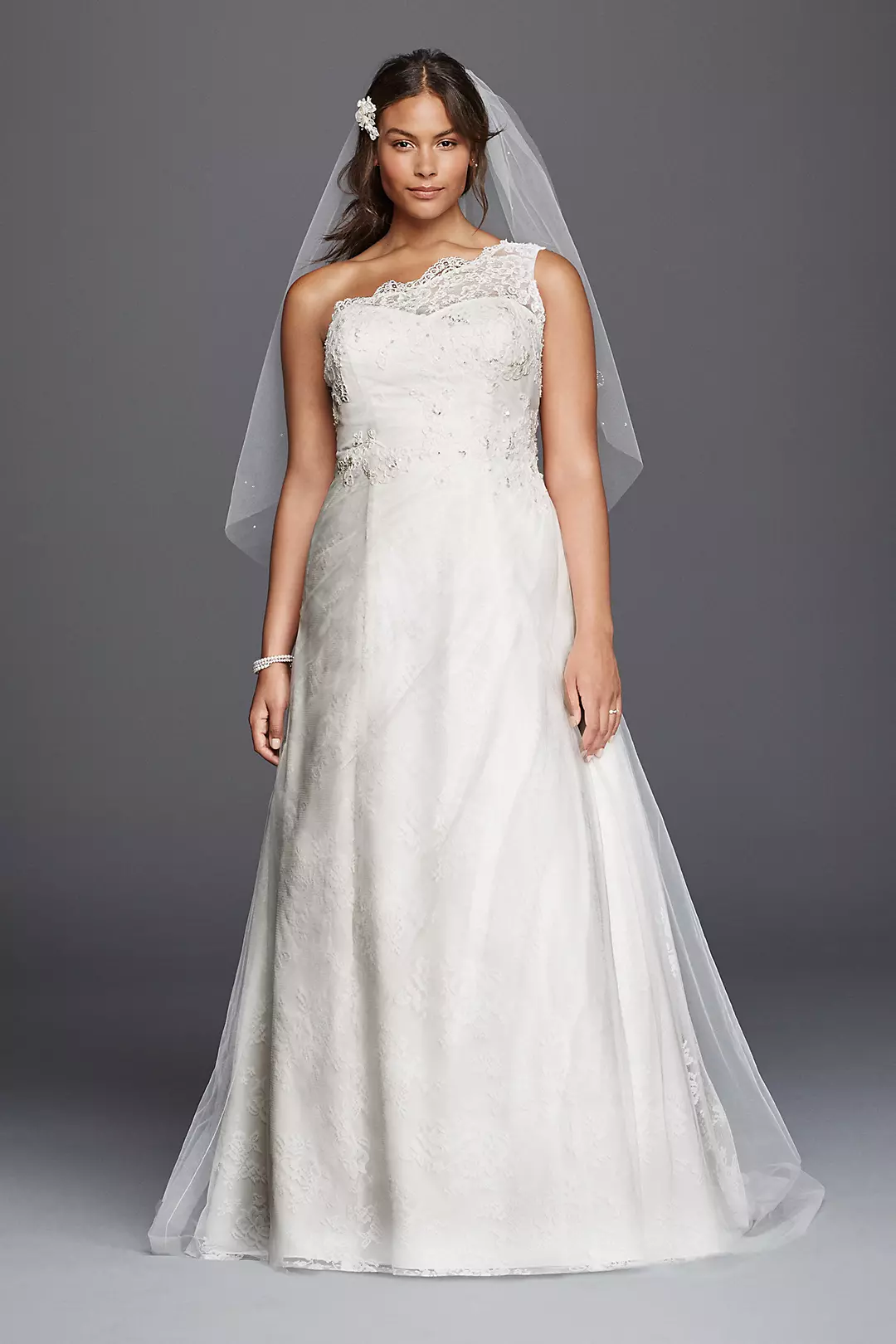 As-Is One Shoulder Tulle Plus Size Wedding Dress Image