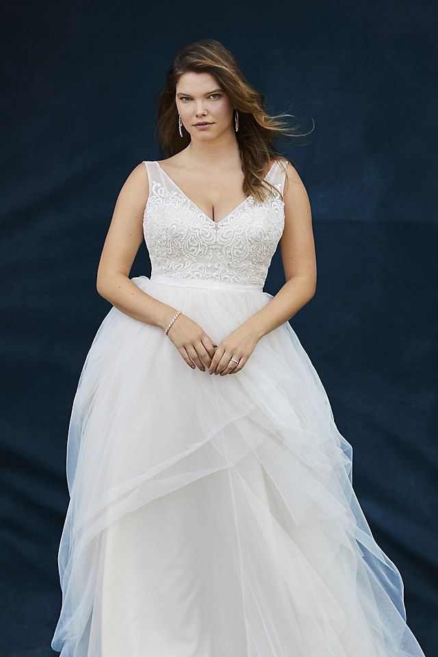 Tulle Tank V-Neck Ball Gown with Layered Skirt Image 4
