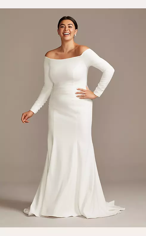 Off-the-Shoulder Buttoned Back Crepe Wedding Dress Image 6