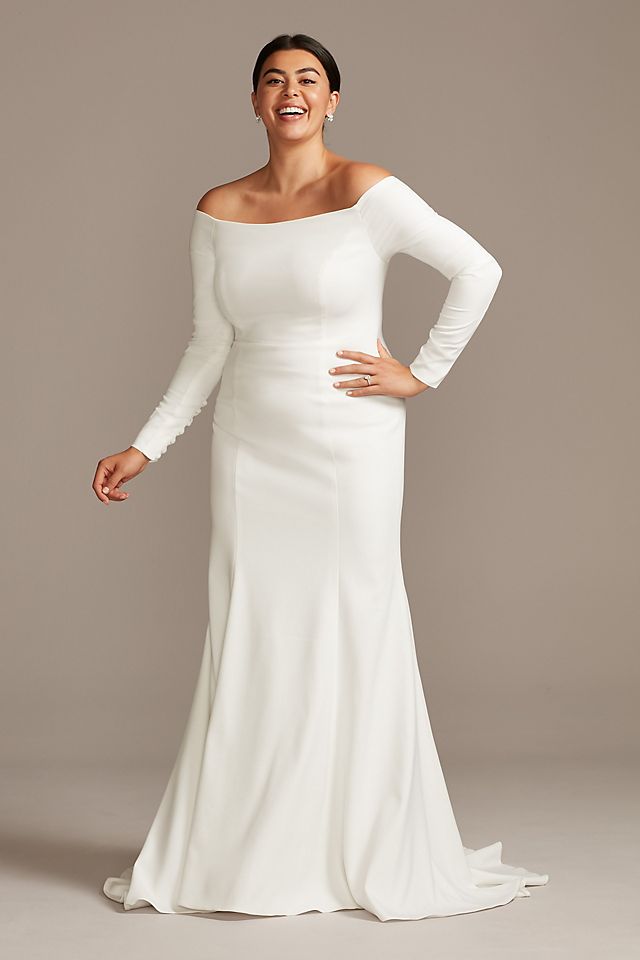 Off-the-Shoulder Buttoned Back Crepe Wedding Dress Image 6