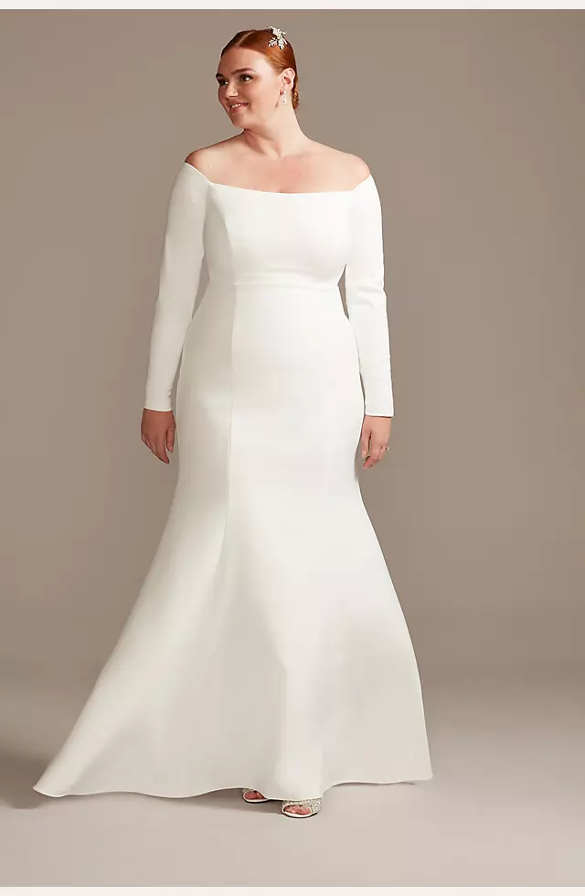 Off-the-Shoulder Buttoned Back Crepe Wedding Dress Image