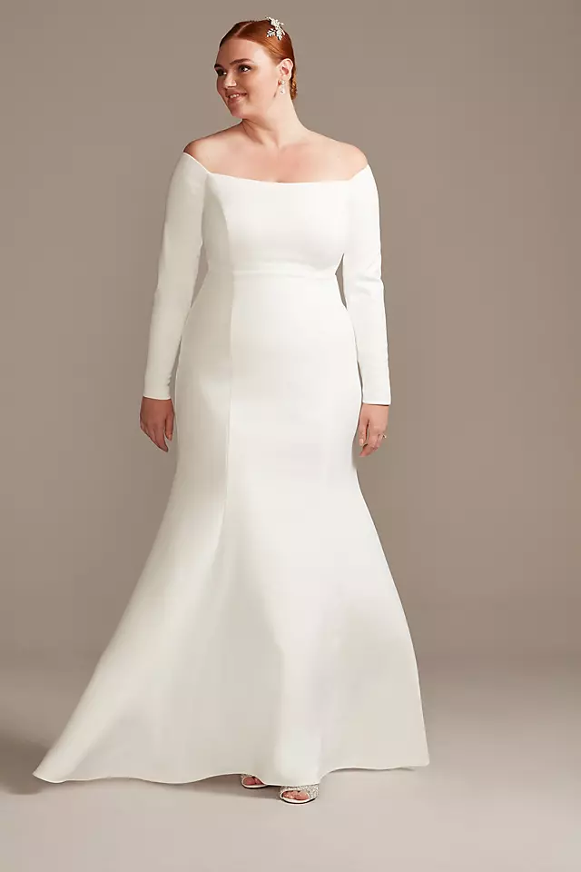 Off-the-Shoulder Buttoned Back Crepe Wedding Dress Image