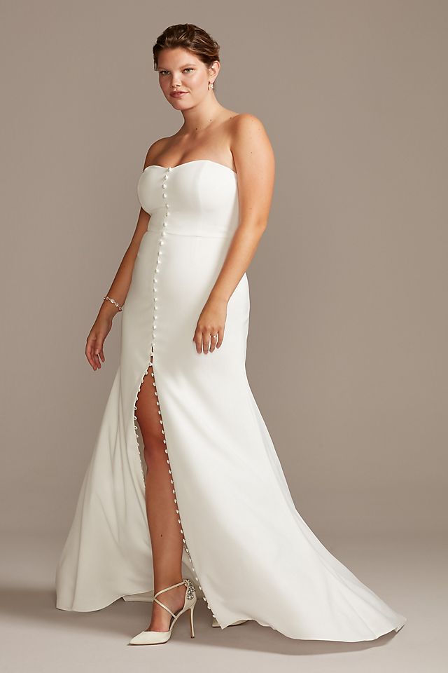 Button Front Strapless Crepe Wedding Dress Image