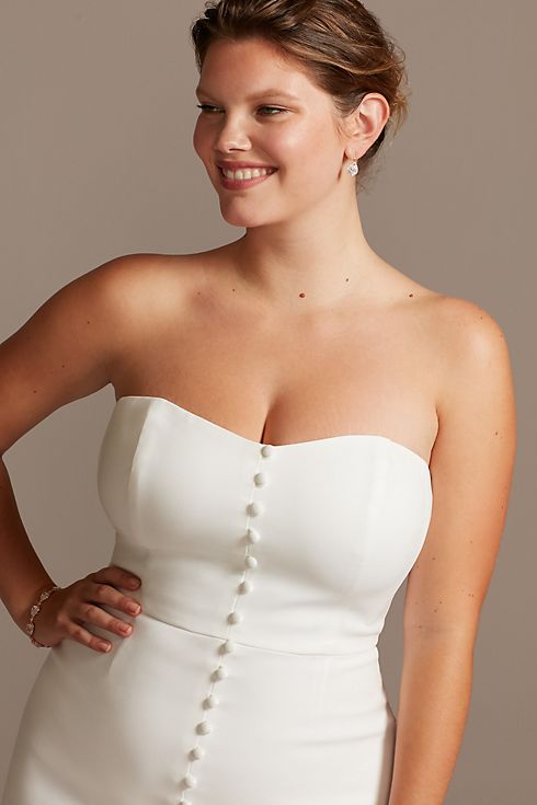 Button Front Strapless Crepe Wedding Dress Image 3