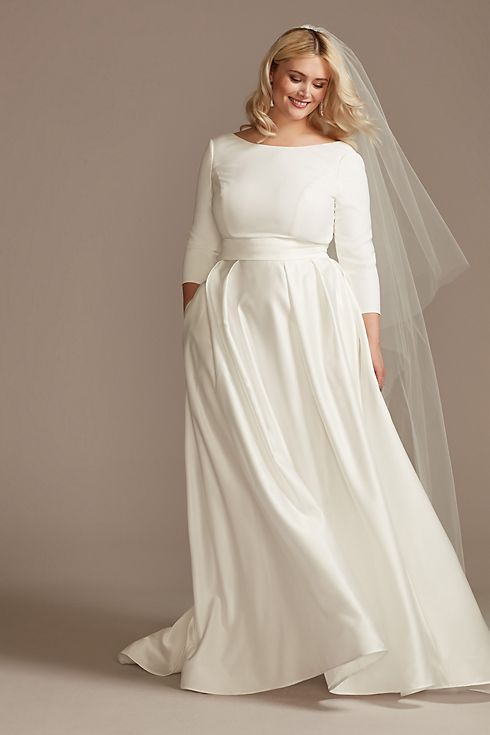 Low Back Mid-Sleeve Crepe and Satin Wedding Dress Image 1