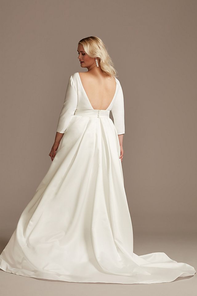 Low Back Mid-Sleeve Crepe and Satin Wedding Dress Image 2