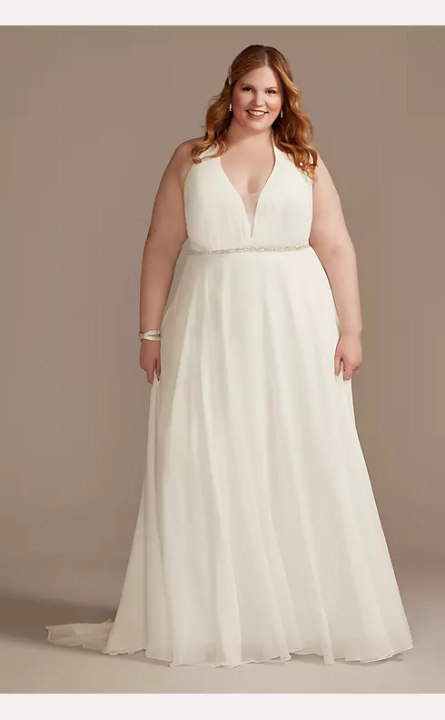 Chiffon Halter Plunge Beaded Waist Wedding Dress Image 1