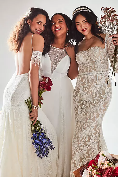 High Neck Illusion and Lace Godet Wedding Dress Image 4