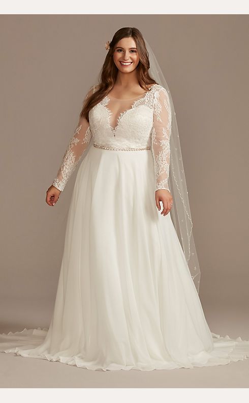 Long Sleeve Plunge Lace Chiffon Wedding Dress | David's Bridal
