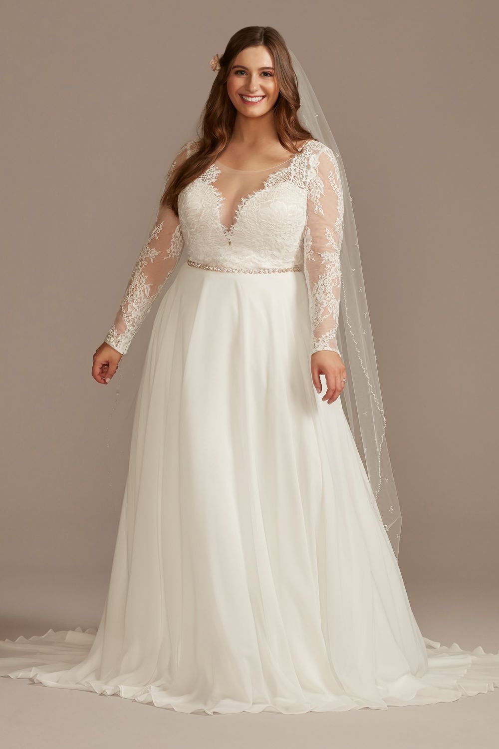 Long Sleeve Plunge Lace Plus Size Wedding Dress