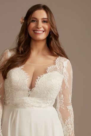 Long Sleeve Plunge Lace Chiffon Wedding Dress | David's Bridal