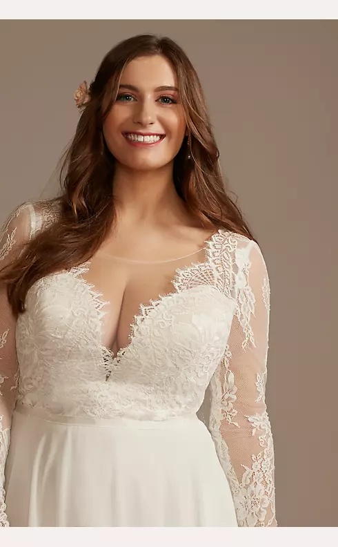 Long Sleeve Plunge Lace Chiffon Wedding Dress Image 3