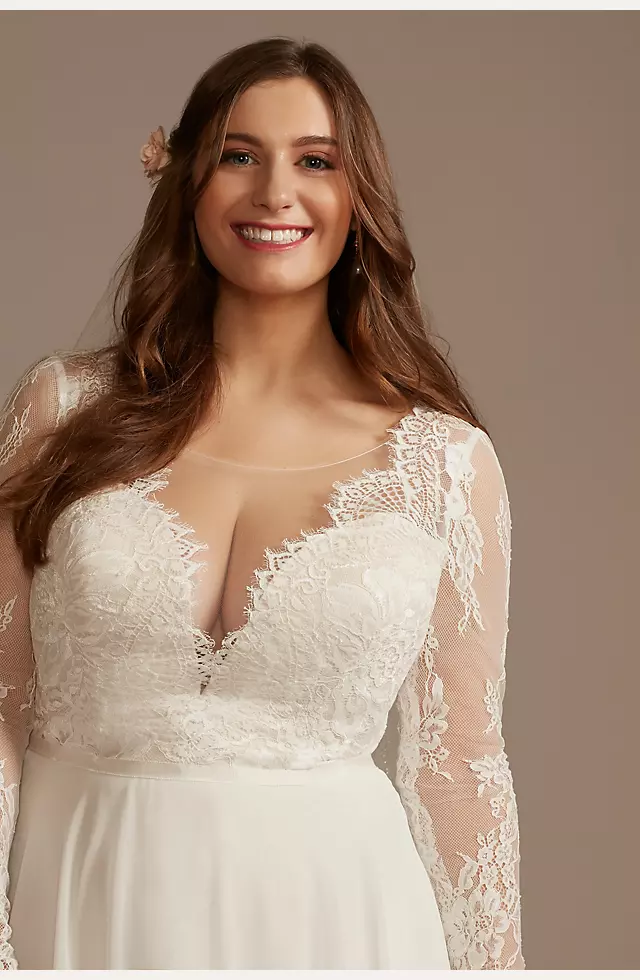 Long Sleeve Plunge Lace Chiffon Wedding Dress Image 3