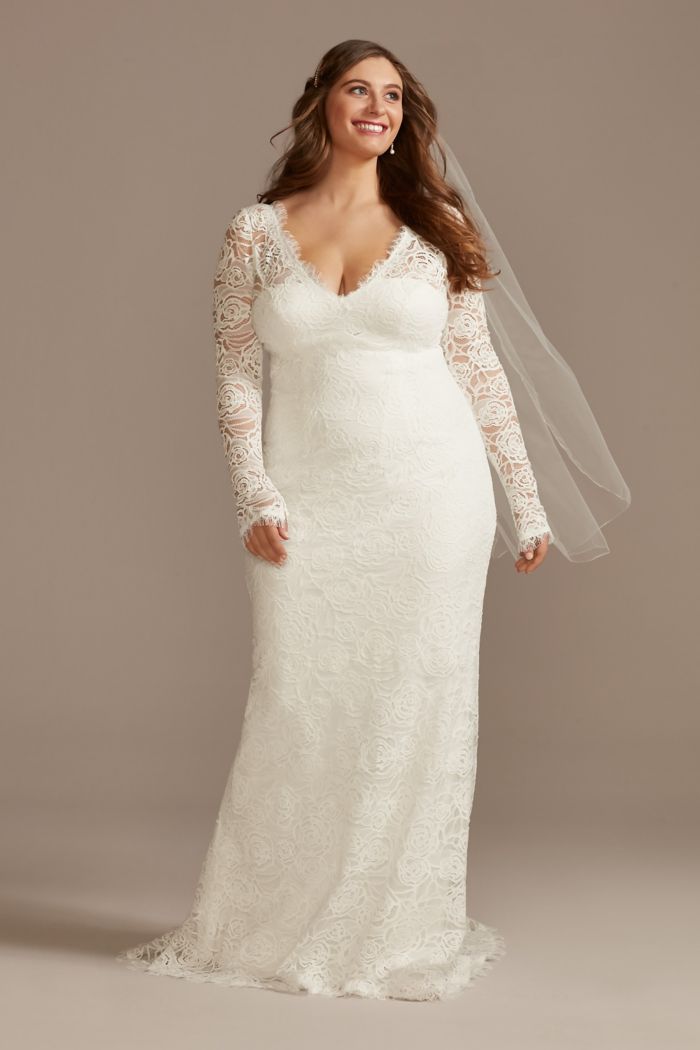 Long Sleeve Lace Plus Wedding Dress with Tie 